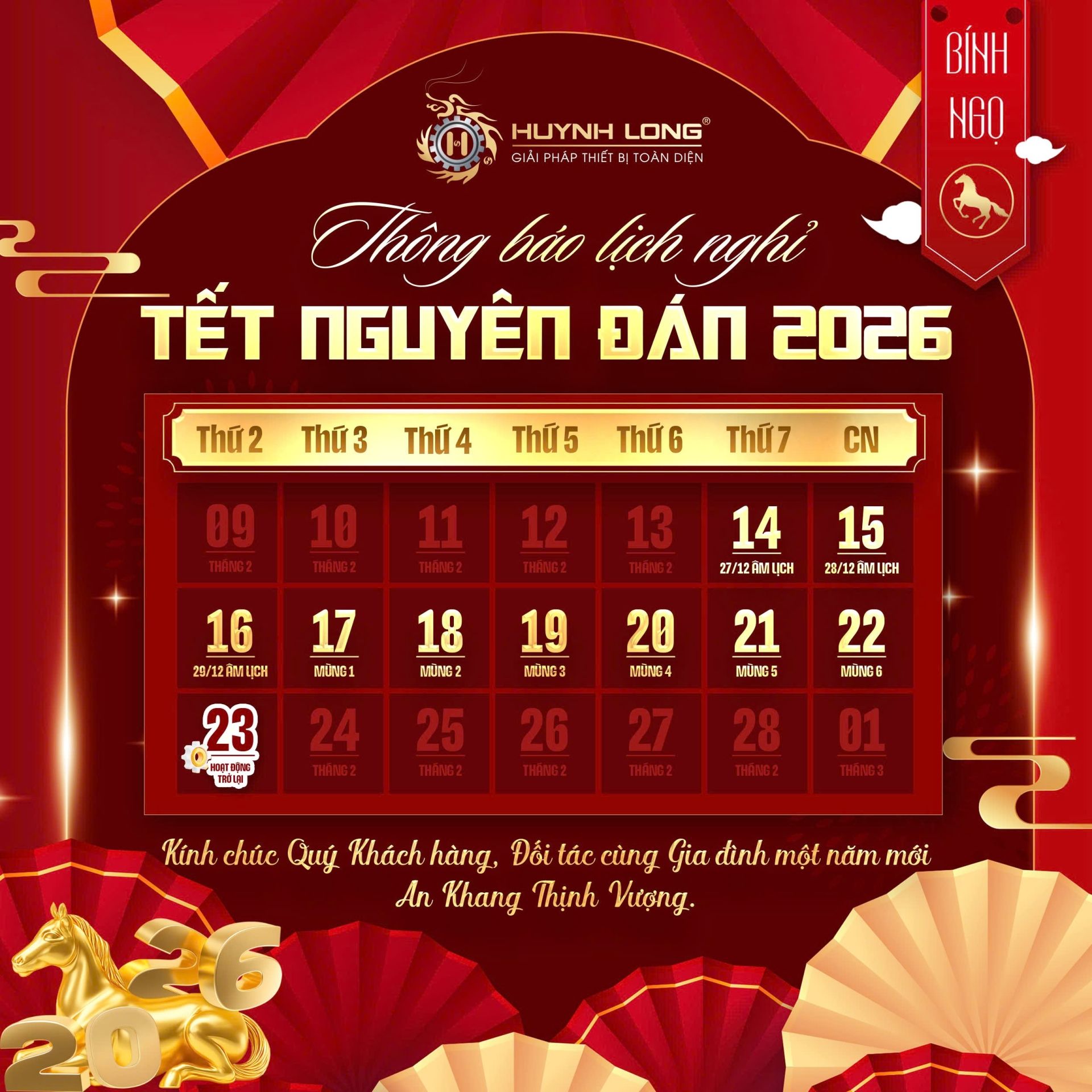 HUỲNH LONG THÔNG BÁO LỊCH NGHỈ TẾT NGUYÊN ĐÁN 2026 